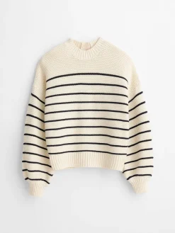 Button-Back Crewneck Sweater In Stripe