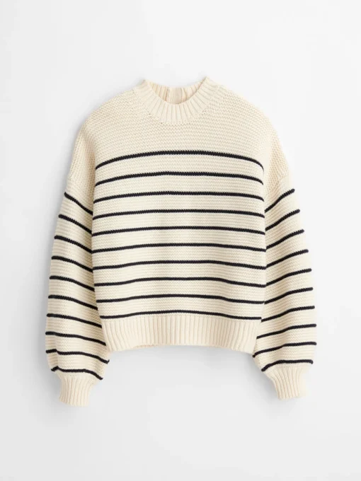 Button-Back Crewneck Sweater In Stripe