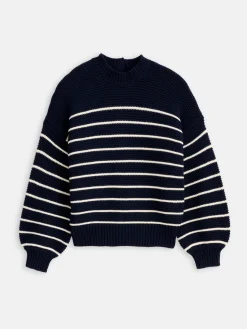 Button-Back Crewneck Sweater In Stripe