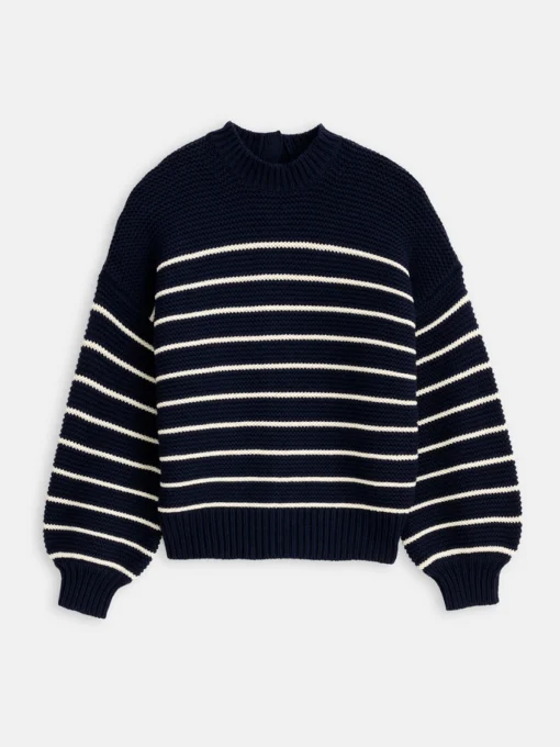 Button-Back Crewneck Sweater In Stripe