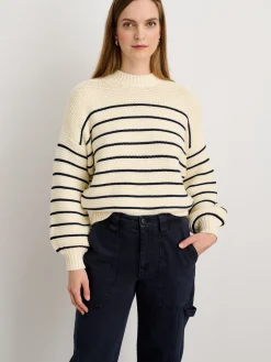 Button-Back Crewneck Sweater In Stripe