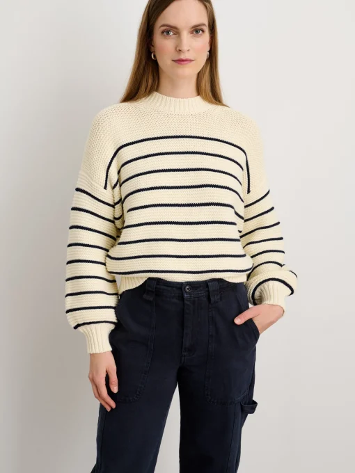 Button-Back Crewneck Sweater In Stripe