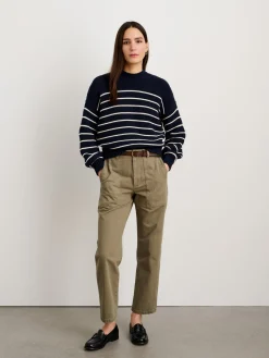 Button-Back Crewneck Sweater In Stripe
