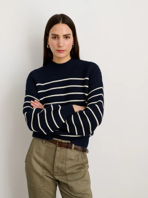 Button-Back Crewneck Sweater In Stripe