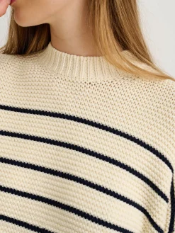 Button-Back Crewneck Sweater In Stripe