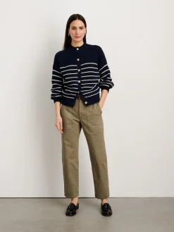 Button-Back Crewneck Sweater In Stripe