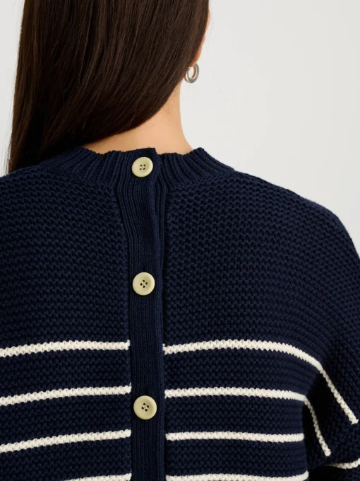 Button-Back Crewneck Sweater In Stripe