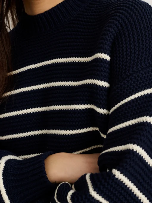 Button-Back Crewneck Sweater In Stripe