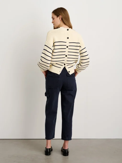 Button-Back Crewneck Sweater In Stripe