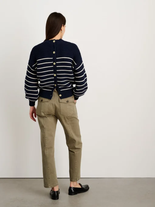 Button-Back Crewneck Sweater In Stripe