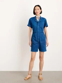 Indigo Dyed Standard Short Jumpsuit In Cotton Twill