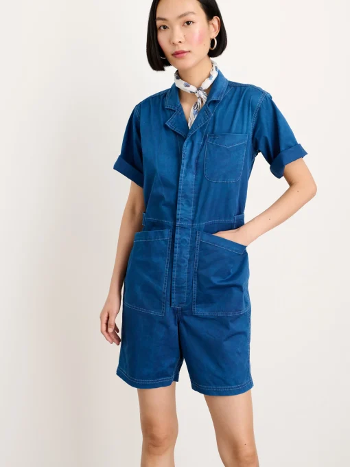 Indigo Dyed Standard Short Jumpsuit In Cotton Twill