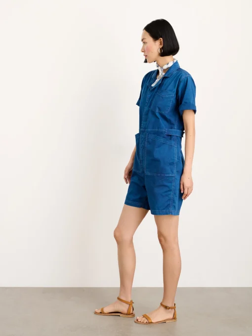 Indigo Dyed Standard Short Jumpsuit In Cotton Twill