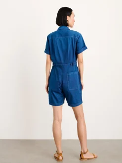 Indigo Dyed Standard Short Jumpsuit In Cotton Twill